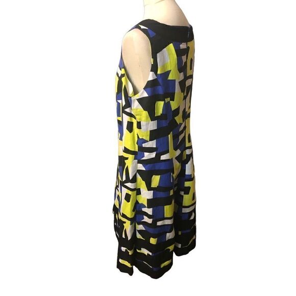 Ashley Stewart linen blend A line midi geometric design blue, yellow and black s - Picture 7 of 13